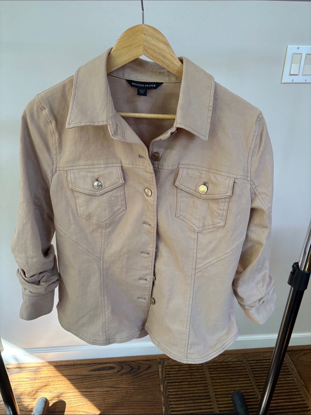 Boston Proper Light Beige Ruched Sleeve Utility Jean Jacket